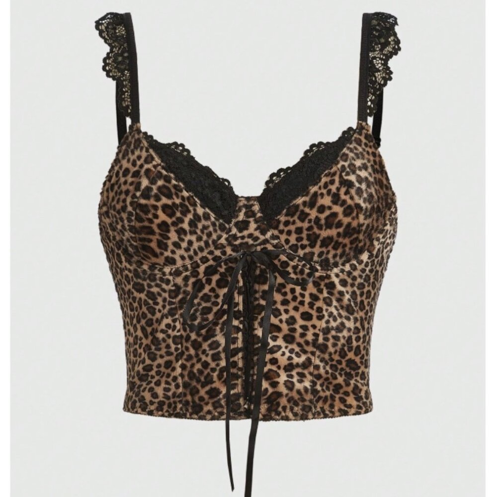 💚 ROMWE Leopard Print Lace Trim Cami Top – Women’s Lace Up Crop Tank –